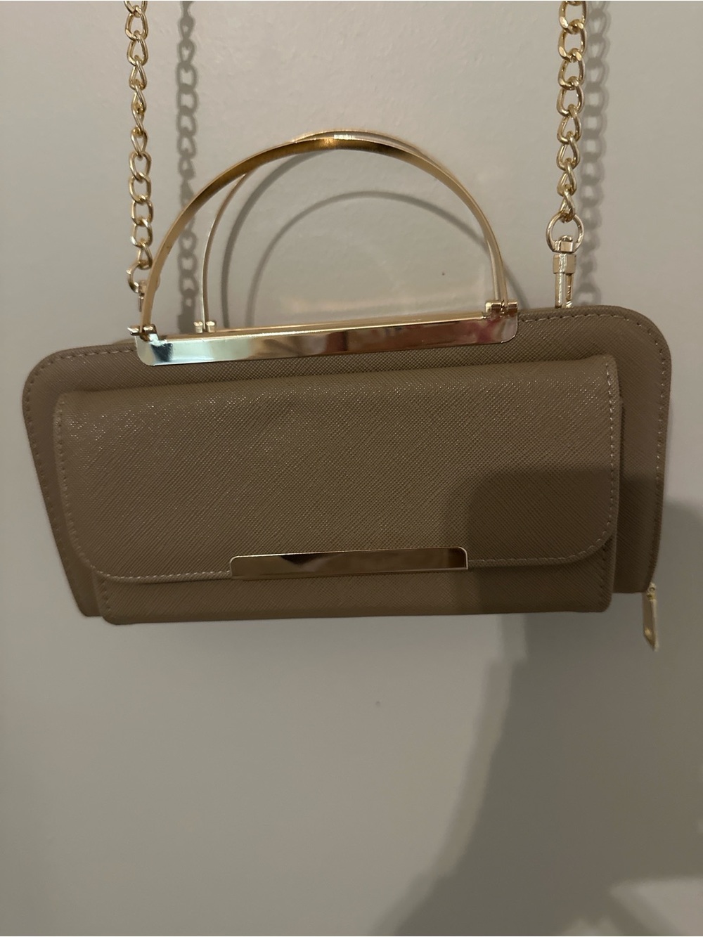 Faux Leather Top Handle Crossbody Clutch Taupe Gold Chain Structured Mini Bag - Picture 3 of 11